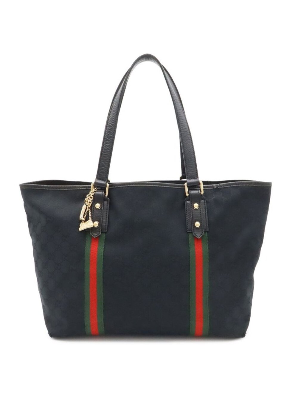 Gucci GG Canvas Sherry Line Tote Shoulder Bag Black Red Green Charm